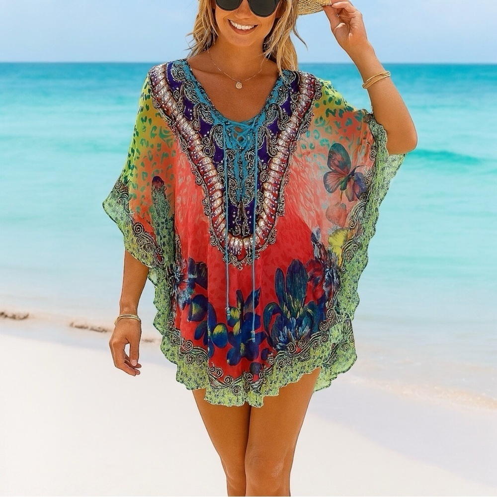 MEGHAN LOS ANGELES Silk Rhinestone Butterfly Poncho Tunic Top‎